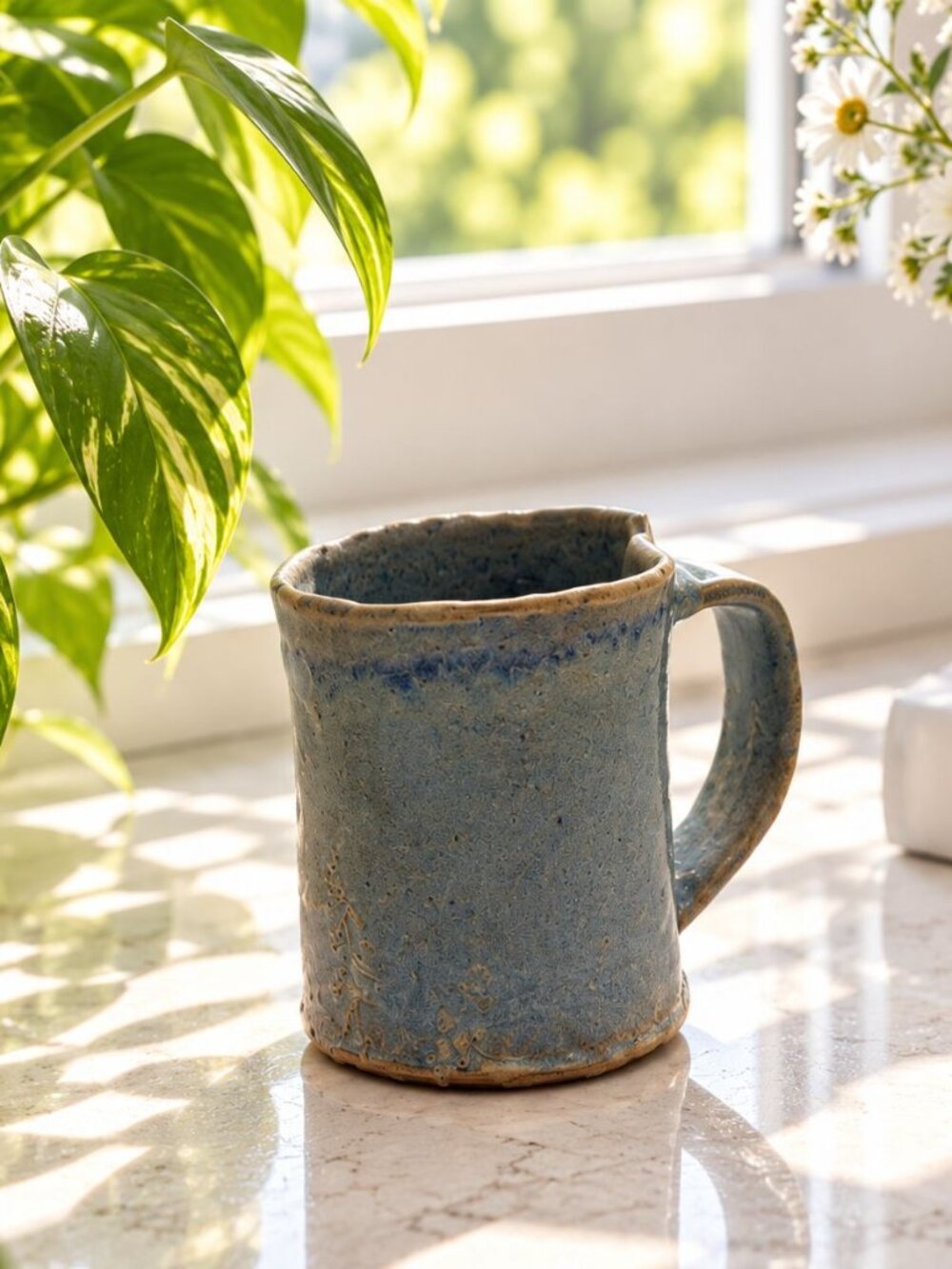 Handmade Blue Ceramic Mug With Rustic Finish Signed Artisan Pottery 2019